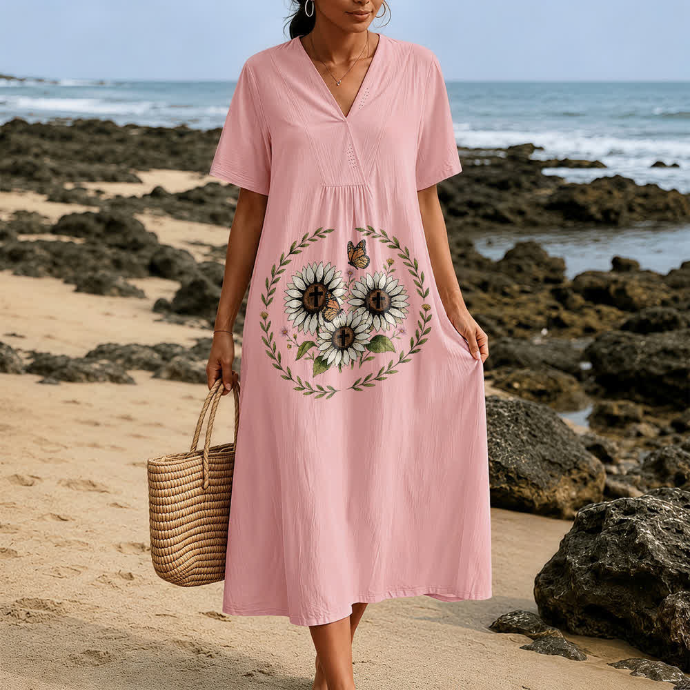 Christianartworkshop Devotional Sunflower Cross & Butterfly Wreath V-Neck Short Sleeve Midi Dress
