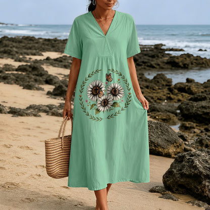 Christianartworkshop Devotional Sunflower Cross & Butterfly Wreath V-Neck Short Sleeve Midi Dress