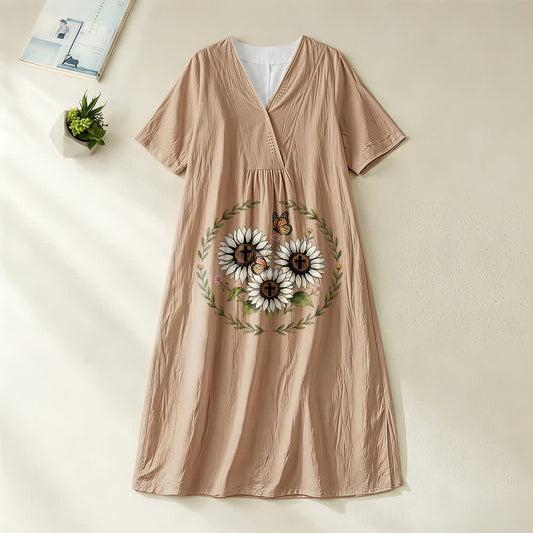 Christianartworkshop Devotional Sunflower Cross & Butterfly Wreath V-Neck Short Sleeve Midi Dress