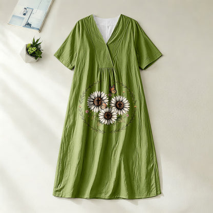 Christianartworkshop Devotional Sunflower Cross & Butterfly Wreath V-Neck Short Sleeve Midi Dress