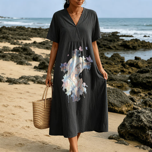 Christianartworkshop Watercolor Our Lady of Guadalupe & Butterflies V-Neck Short Sleeve Midi Dress