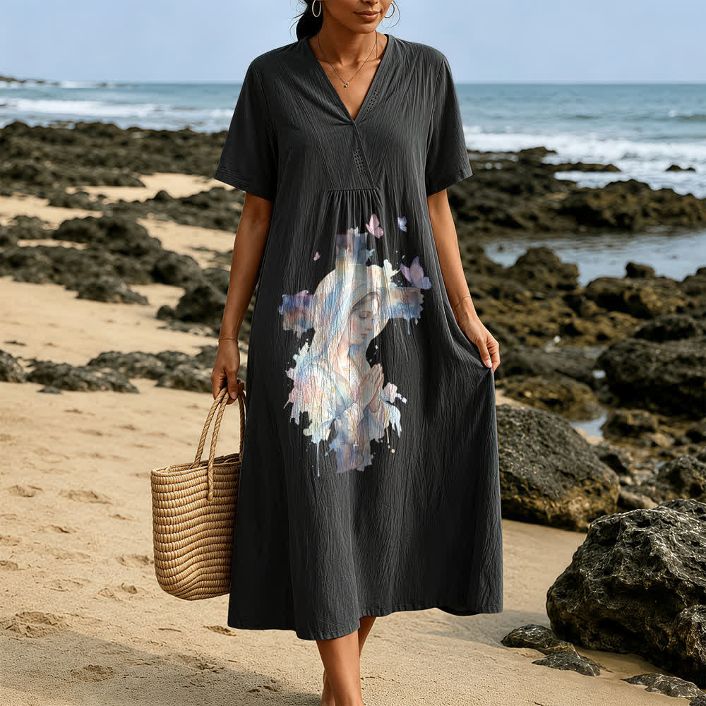 Christianartworkshop Watercolor Our Lady of Guadalupe & Butterflies V-Neck Short Sleeve Midi Dress