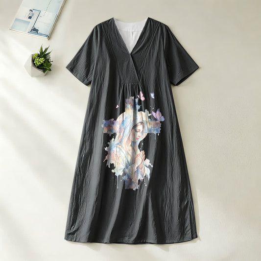 Christianartworkshop Watercolor Our Lady of Guadalupe & Butterflies V-Neck Short Sleeve Midi Dress