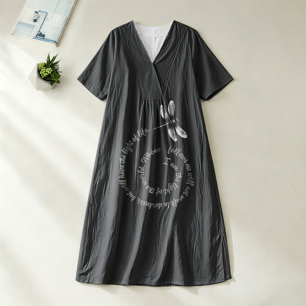 Christianartworkshop Relaxed Fit Dragonfly & Inspirational Verse V-Neck Short Sleeve Midi Dress