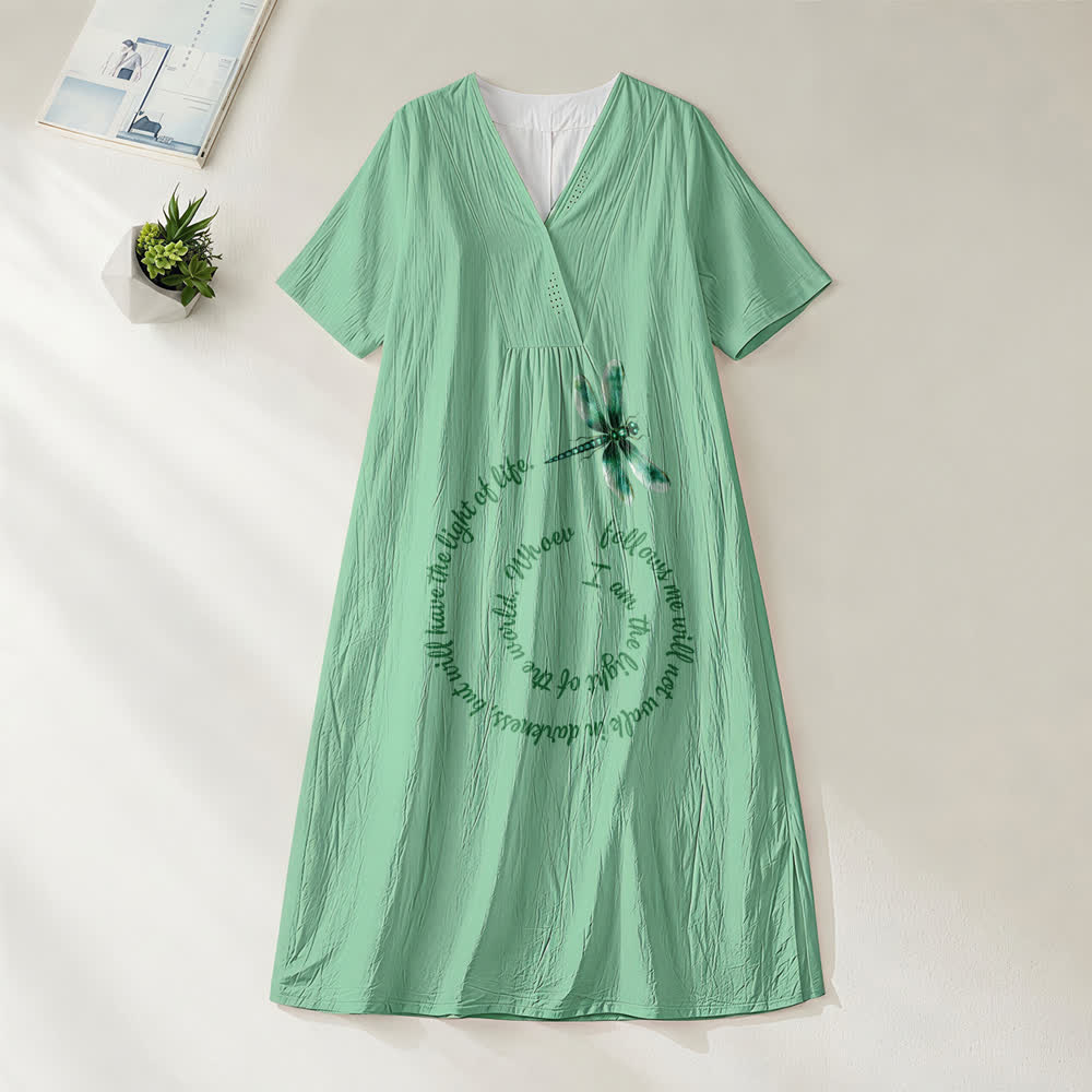 Christianartworkshop Relaxed Fit Dragonfly & Inspirational Verse V-Neck Short Sleeve Midi Dress