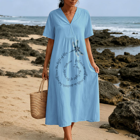 Christianartworkshop Relaxed Fit Dragonfly & Inspirational Verse V-Neck Short Sleeve Midi Dress