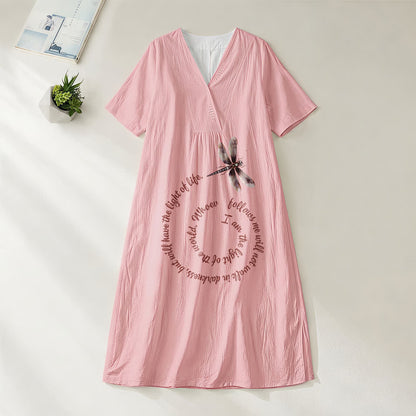 Christianartworkshop Relaxed Fit Dragonfly & Inspirational Verse V-Neck Short Sleeve Midi Dress