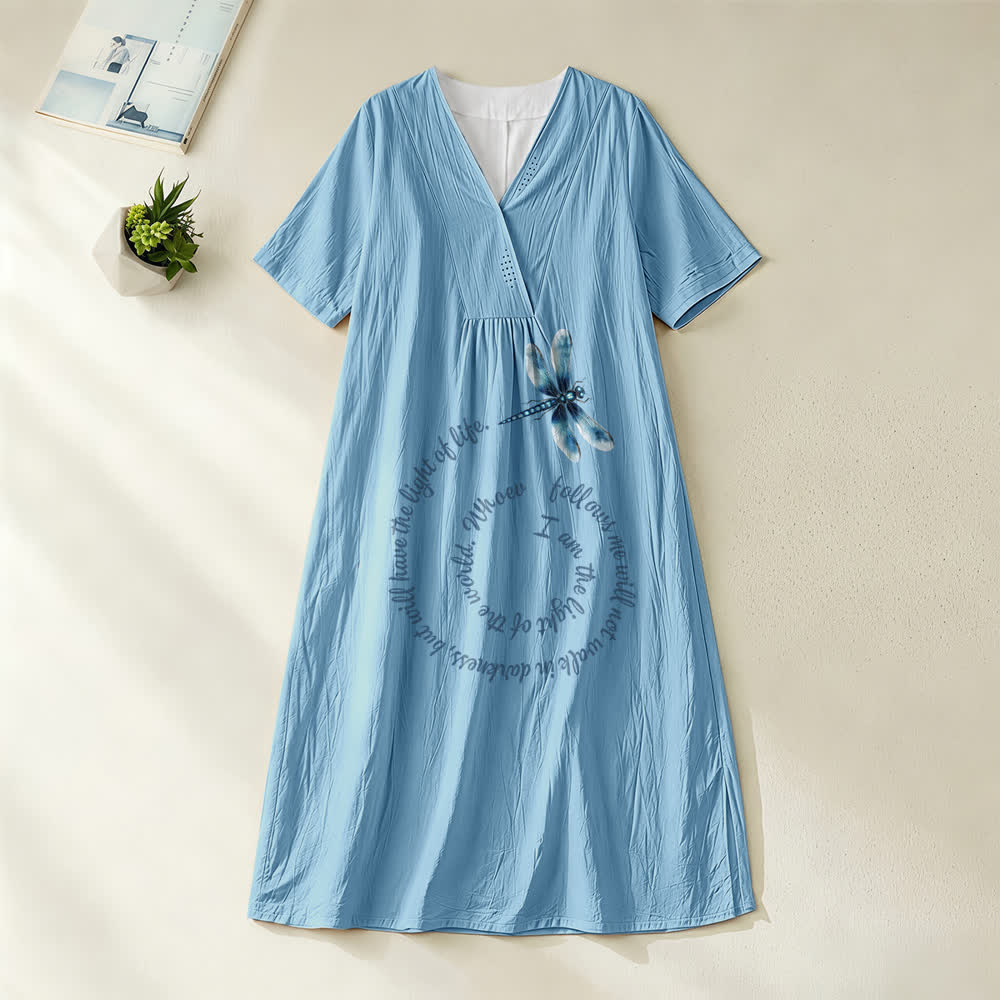 Christianartworkshop Relaxed Fit Dragonfly & Inspirational Verse V-Neck Short Sleeve Midi Dress