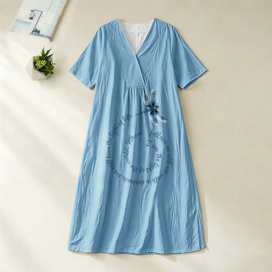 Christianartworkshop Relaxed Fit Dragonfly & Inspirational Verse V-Neck Short Sleeve Midi Dress