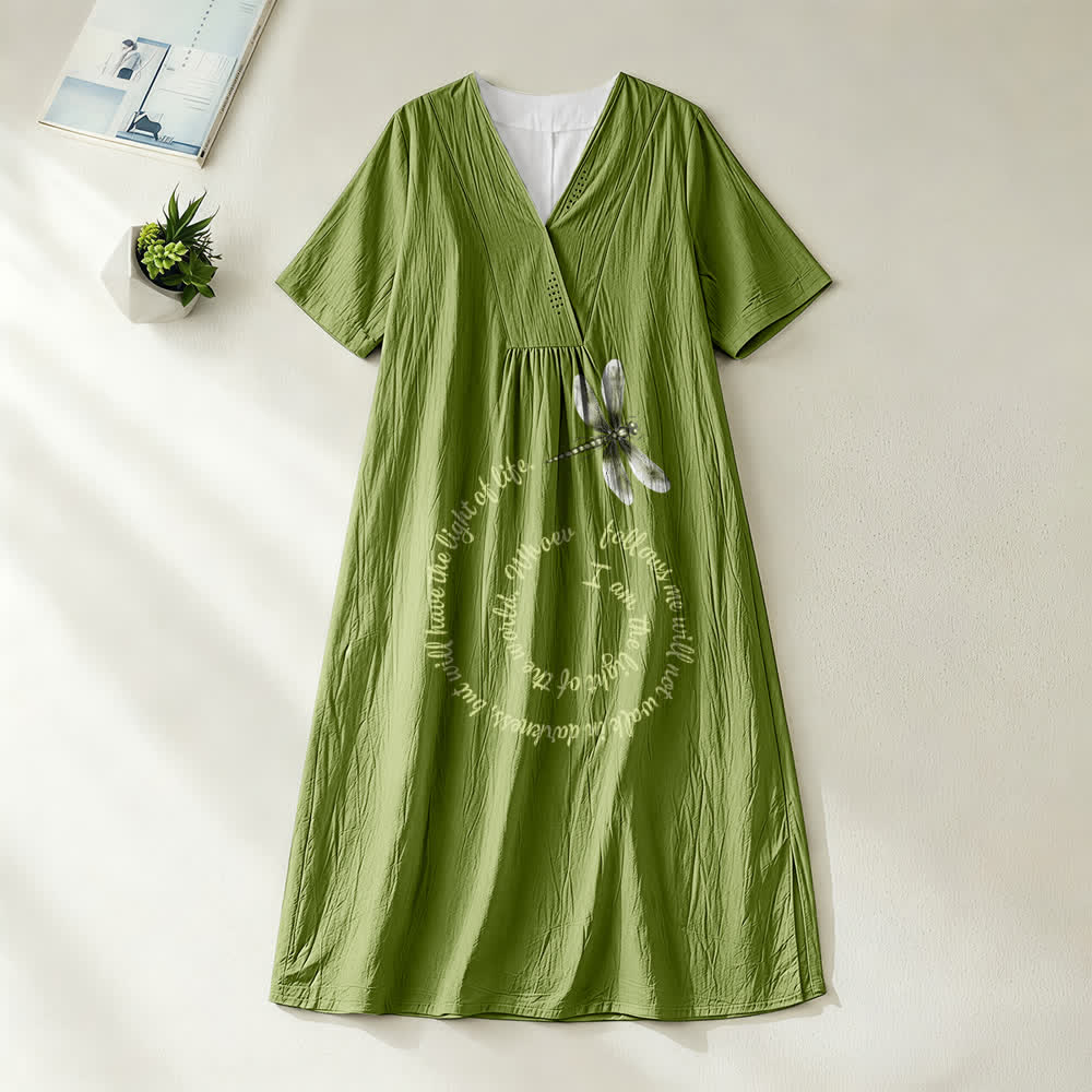 Christianartworkshop Relaxed Fit Dragonfly & Inspirational Verse V-Neck Short Sleeve Midi Dress