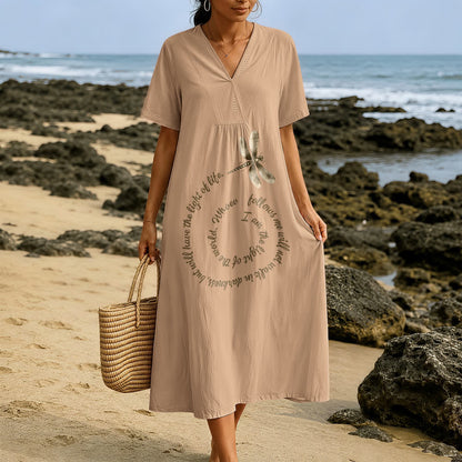 Christianartworkshop Relaxed Fit Dragonfly & Inspirational Verse V-Neck Short Sleeve Midi Dress