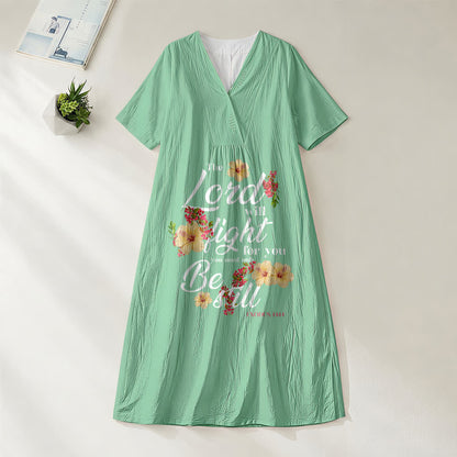 Christianartworkshop Hibiscus Floral Accent "The Lord Will Fight For You" V-Neck Short Sleeve Midi Dress
