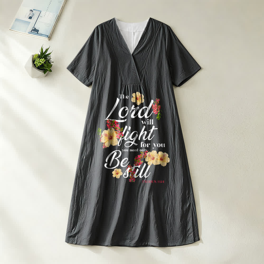Christianartworkshop Hibiscus Floral Accent "The Lord Will Fight For You" V-Neck Short Sleeve Midi Dress