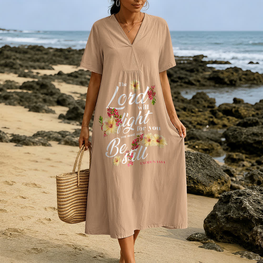 Christianartworkshop Hibiscus Floral Accent "The Lord Will Fight For You" V-Neck Short Sleeve Midi Dress