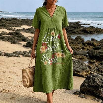 Christianartworkshop Hibiscus Floral Accent "The Lord Will Fight For You" V-Neck Short Sleeve Midi Dress