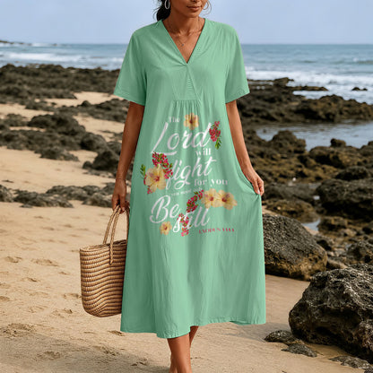 Christianartworkshop Hibiscus Floral Accent "The Lord Will Fight For You" V-Neck Short Sleeve Midi Dress
