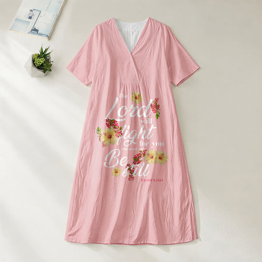 Christianartworkshop Hibiscus Floral Accent "The Lord Will Fight For You" V-Neck Short Sleeve Midi Dress