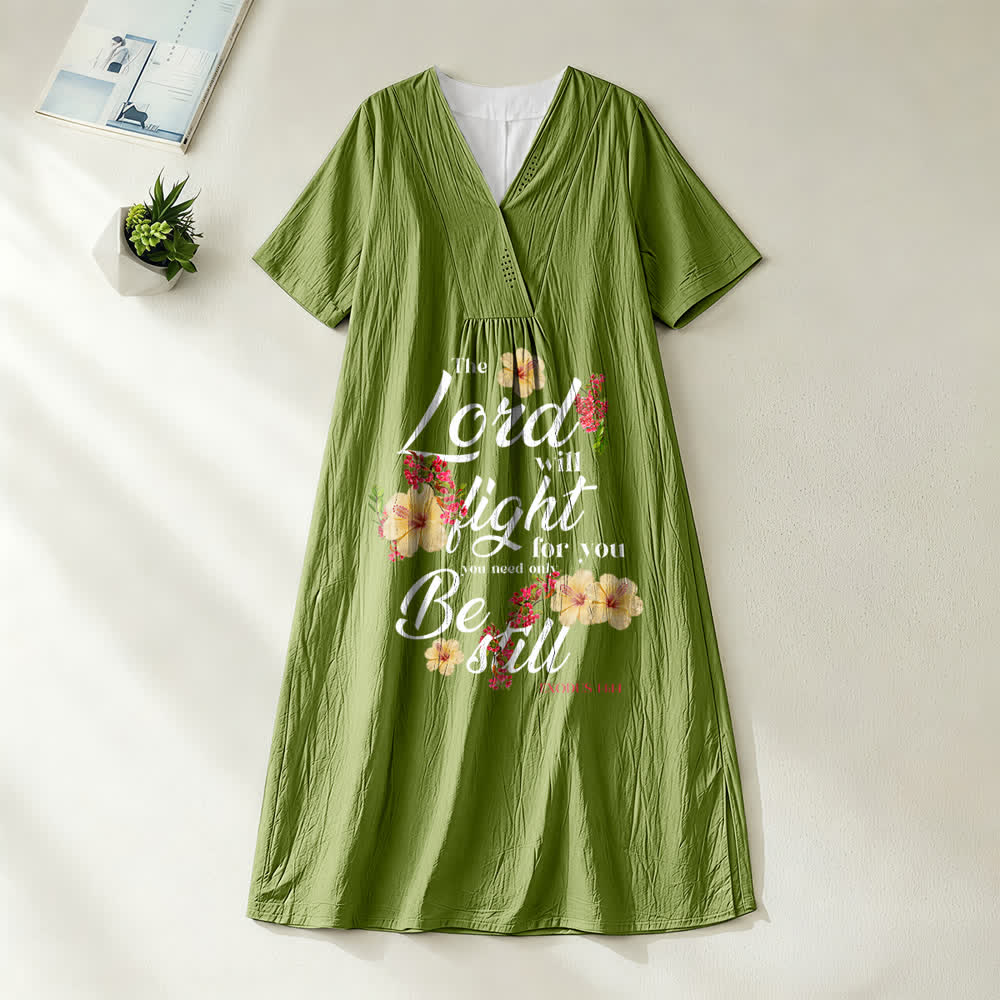 Christianartworkshop Hibiscus Floral Accent "The Lord Will Fight For You" V-Neck Short Sleeve Midi Dress
