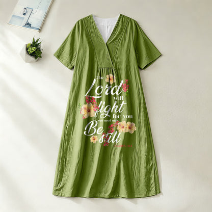 Christianartworkshop Hibiscus Floral Accent "The Lord Will Fight For You" V-Neck Short Sleeve Midi Dress