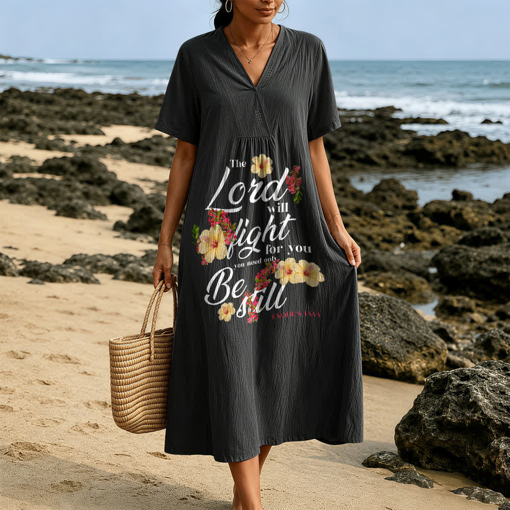 Christianartworkshop Hibiscus Floral Accent "The Lord Will Fight For You" V-Neck Short Sleeve Midi Dress