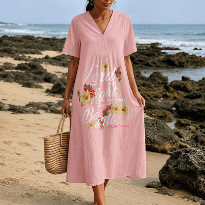 Christianartworkshop Hibiscus Floral Accent "The Lord Will Fight For You" V-Neck Short Sleeve Midi Dress