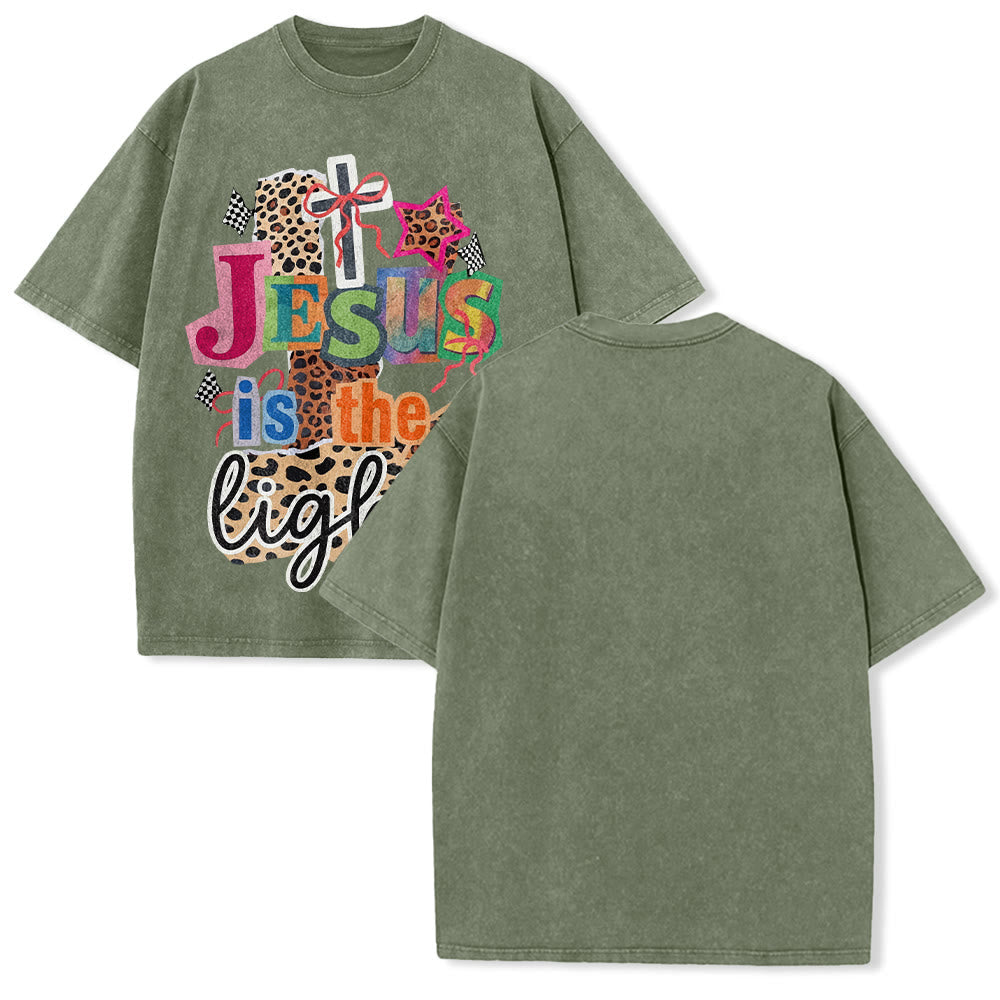 Christianartworkshop Jesus Is The Light Leopard Cross Bow Star Graphic Washed Unisex T-Shirt