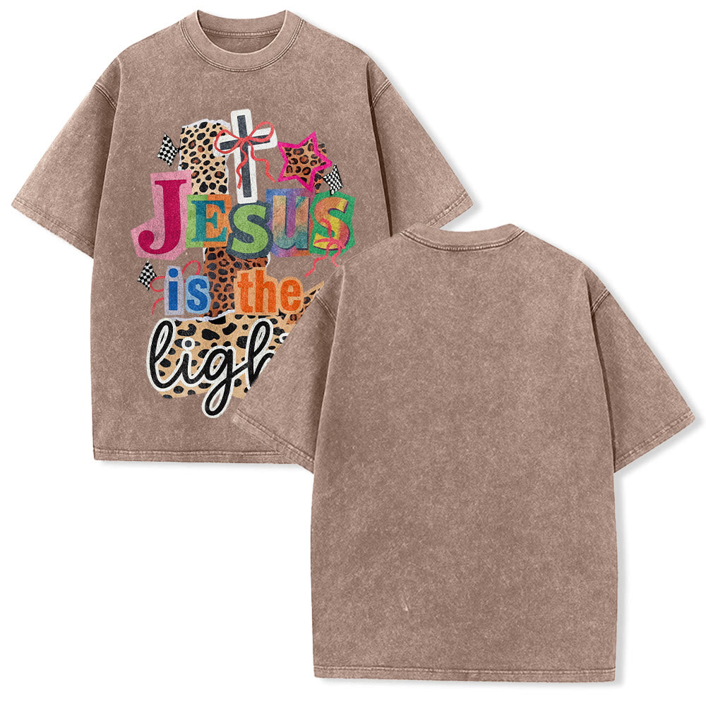 Christianartworkshop Jesus Is The Light Leopard Cross Bow Star Graphic Washed Unisex T-Shirt