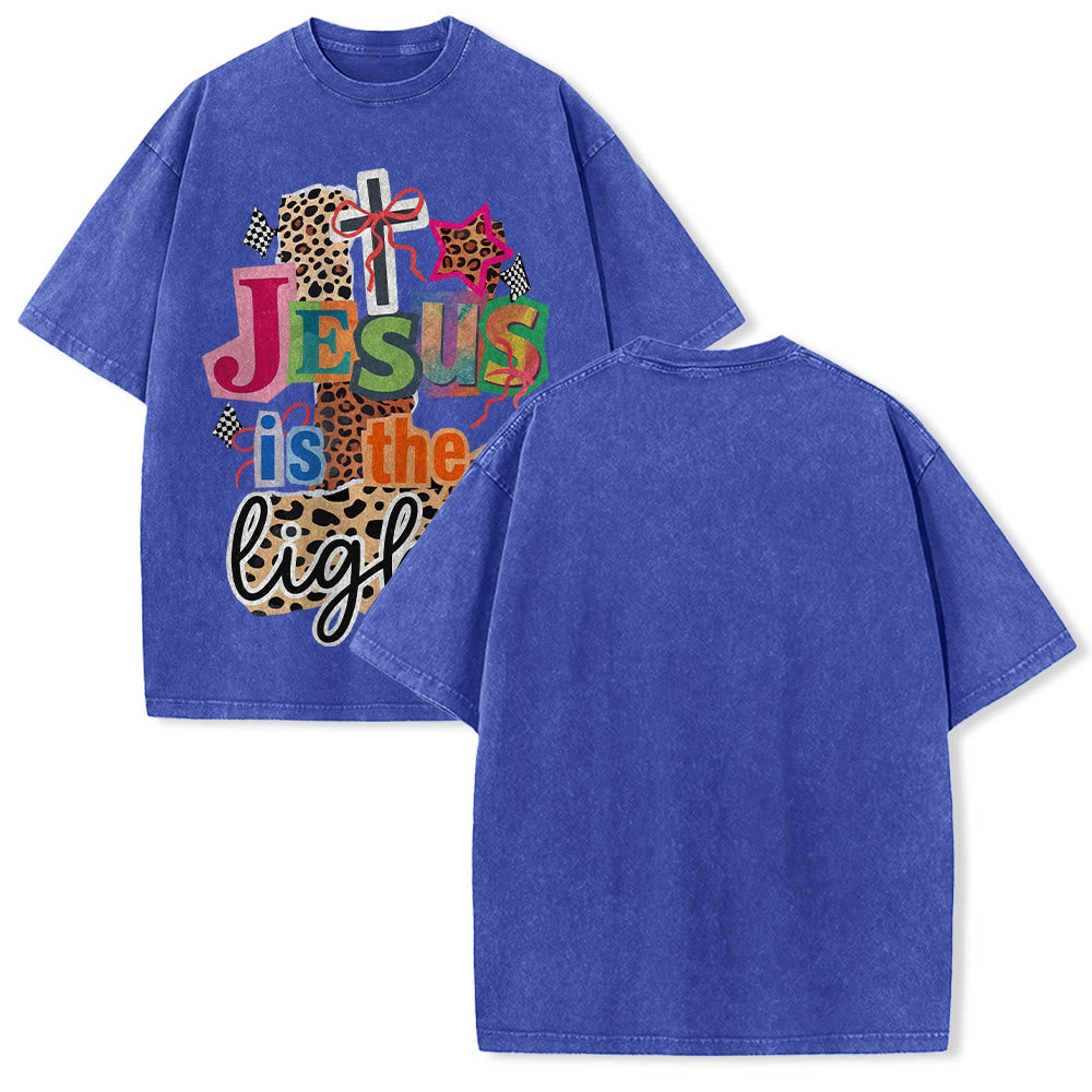 Christianartworkshop Jesus Is The Light Leopard Cross Bow Star Graphic Washed Unisex T-Shirt