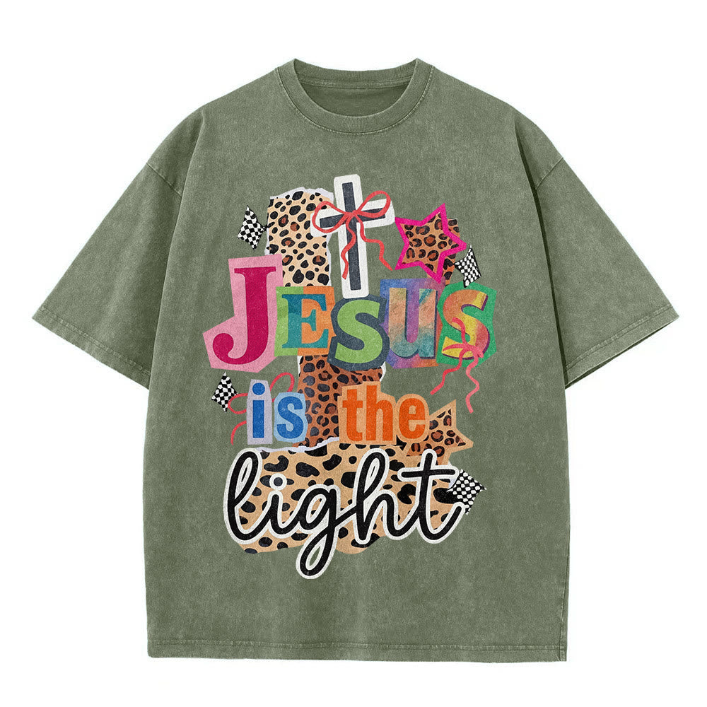 Christianartworkshop Jesus Is The Light Leopard Cross Bow Star Graphic Washed Unisex T-Shirt
