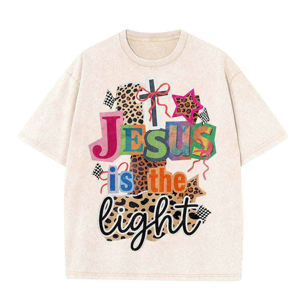 Christianartworkshop Jesus Is The Light Leopard Cross Bow Star Graphic Washed Unisex T-Shirt
