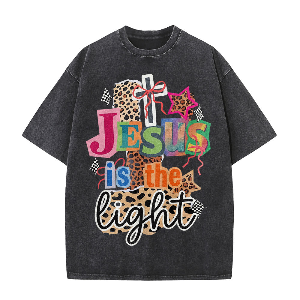 Christianartworkshop Jesus Is The Light Leopard Cross Bow Star Graphic Washed Unisex T-Shirt