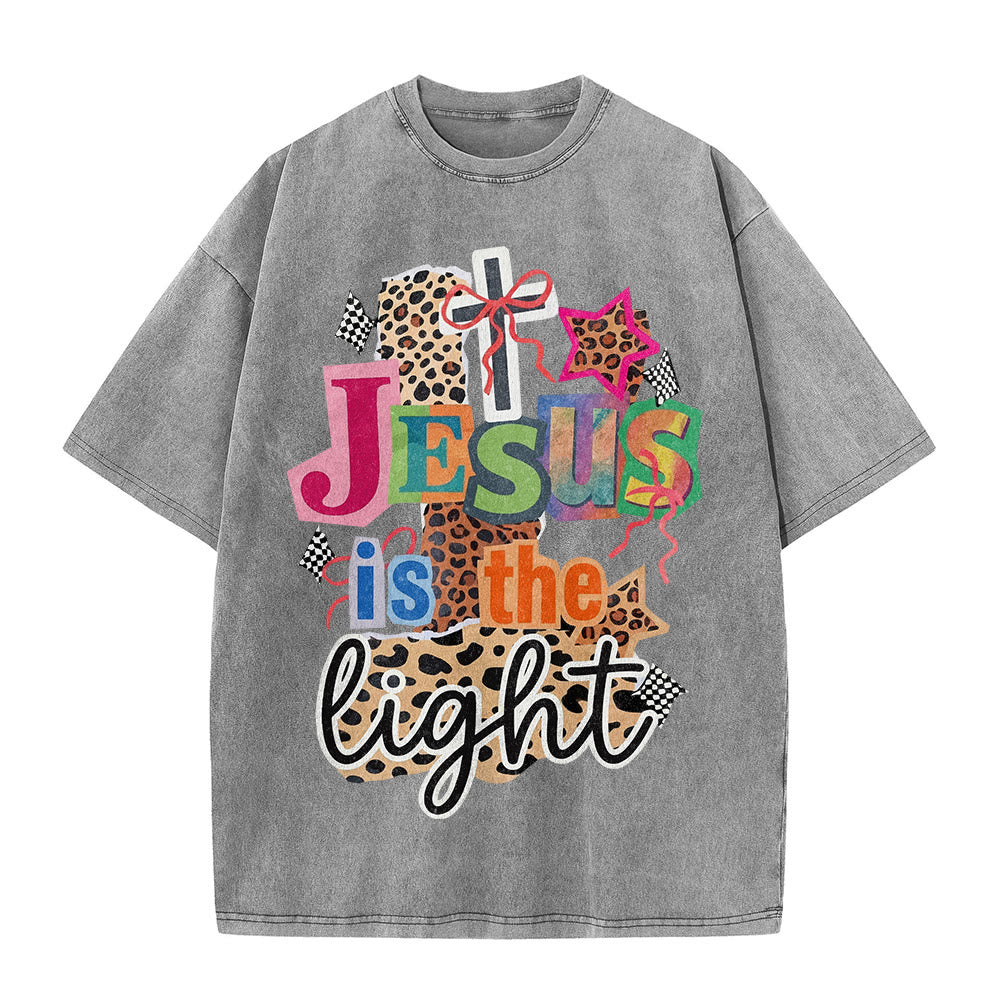 Christianartworkshop Jesus Is The Light Leopard Cross Bow Star Graphic Washed Unisex T-Shirt