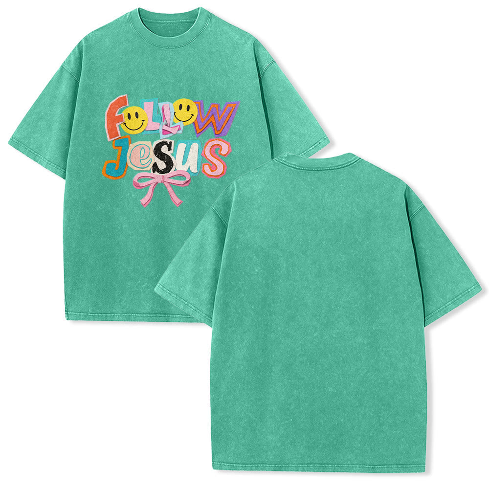 Christianartworkshop Follow Jesus Smile Bow Color Block Letter Washed Unisex T-Shirt