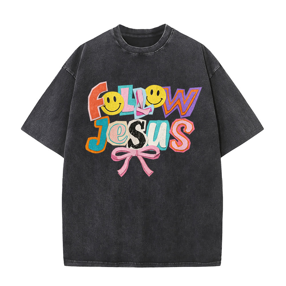 Christianartworkshop Follow Jesus Smile Bow Color Block Letter Washed Unisex T-Shirt