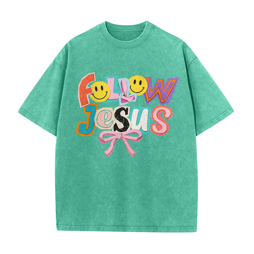 Christianartworkshop Follow Jesus Smile Bow Color Block Letter Washed Unisex T-Shirt