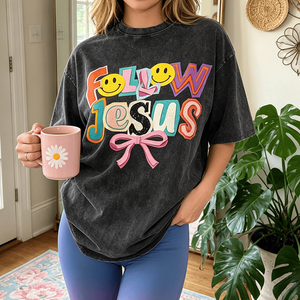 Christianartworkshop Follow Jesus Smile Bow Color Block Letter Washed Unisex T-Shirt