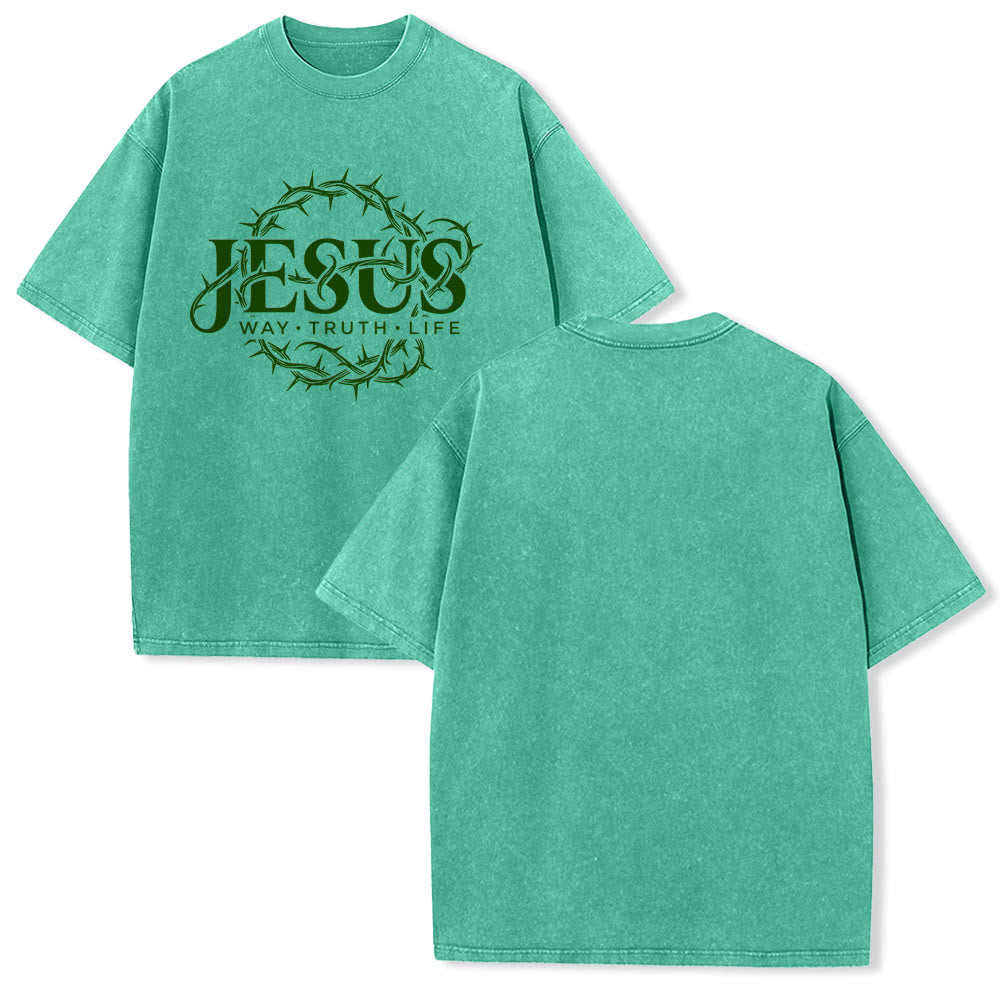 Christianartworkshop Jesus Way Truth Life Crown Of Thorns Circular Graphic Washed Unisex T-Shirt