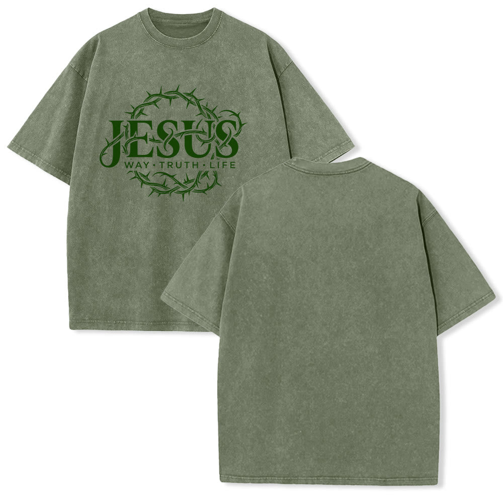 Christianartworkshop Jesus Way Truth Life Crown Of Thorns Circular Graphic Washed Unisex T-Shirt