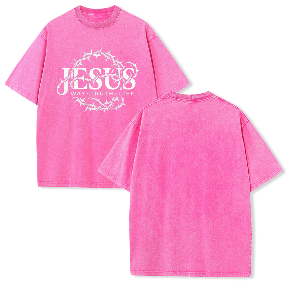 Christianartworkshop Jesus Way Truth Life Crown Of Thorns Circular Graphic Washed Unisex T-Shirt