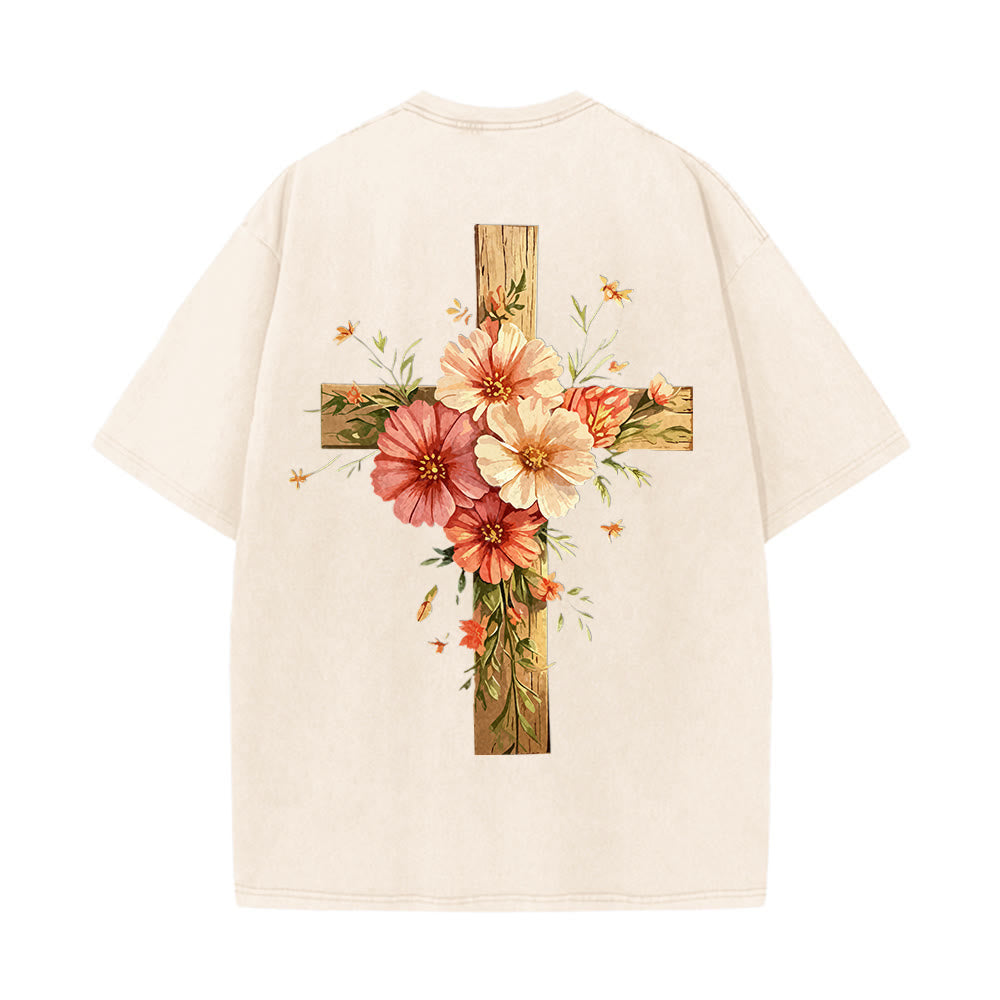 Christianartworkshop Jesus Is The Light Double Sided Floral Cross Graphic Washed Unisex T-Shirt