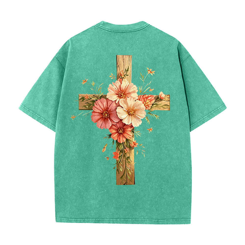 Christianartworkshop Jesus Is The Light Double Sided Floral Cross Graphic Washed Unisex T-Shirt