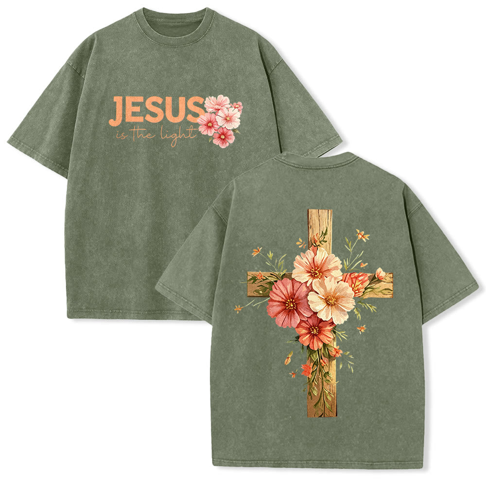 Christianartworkshop Jesus Is The Light Double Sided Floral Cross Graphic Washed Unisex T-Shirt