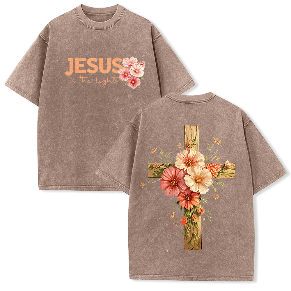 Christianartworkshop Jesus Is The Light Double Sided Floral Cross Graphic Washed Unisex T-Shirt