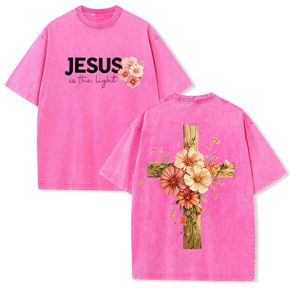 Christianartworkshop Jesus Is The Light Double Sided Floral Cross Graphic Washed Unisex T-Shirt