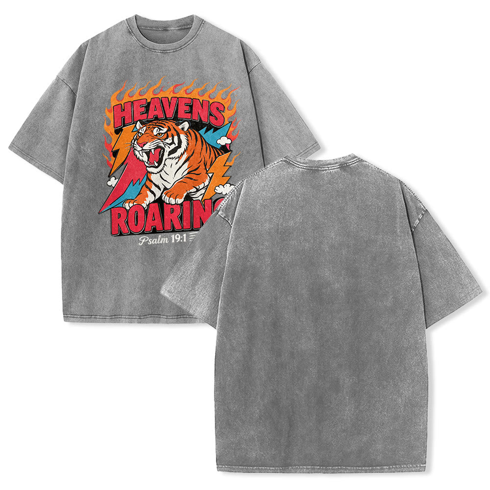 Christianartworkshop Heavens Roaring Tiger Flame Lightning Psalm 19:1 Retro Washed Unisex T-Shirt