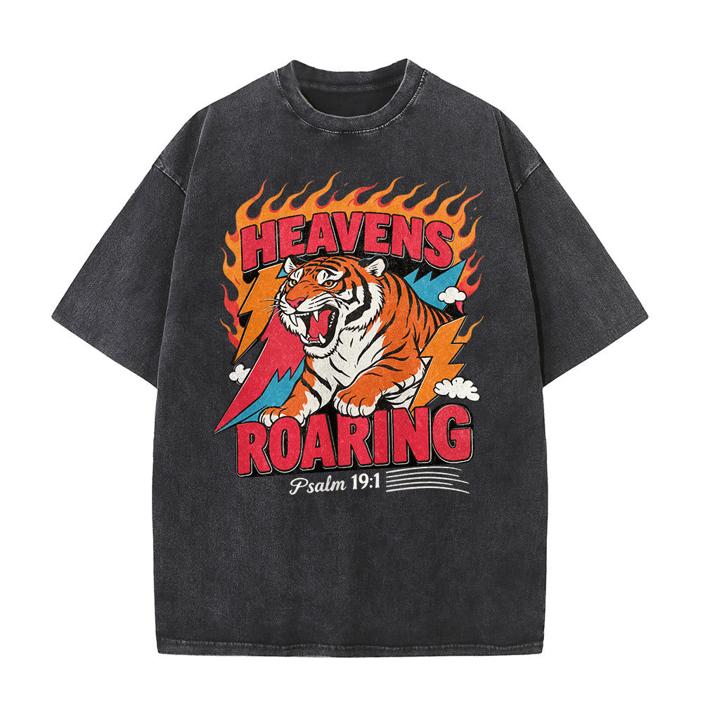 Christianartworkshop Heavens Roaring Tiger Flame Lightning Psalm 19:1 Retro Washed Unisex T-Shirt