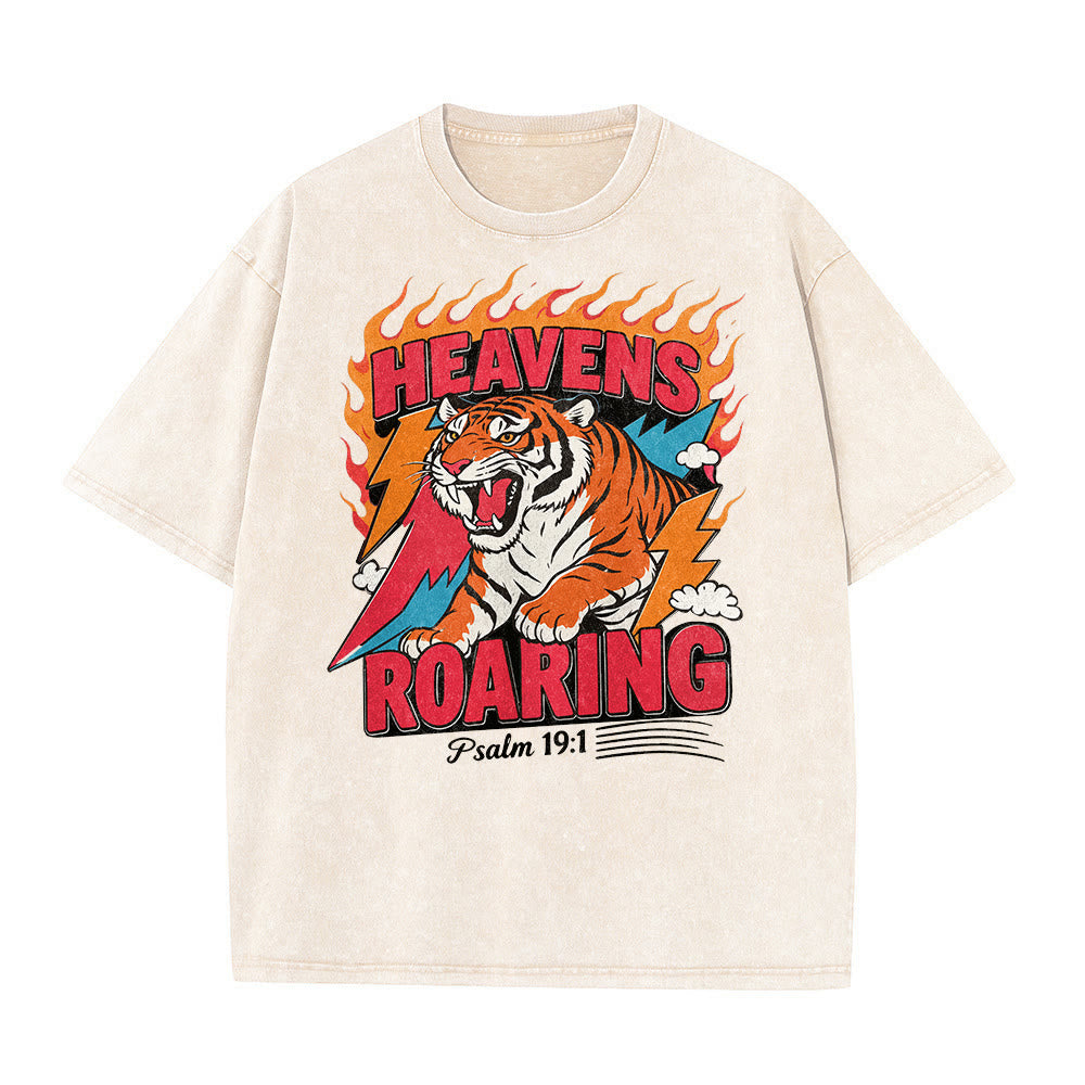 Christianartworkshop Heavens Roaring Tiger Flame Lightning Psalm 19:1 Retro Washed Unisex T-Shirt