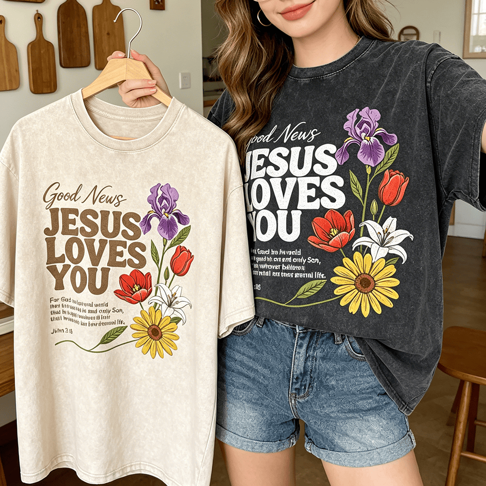 Christianartworkshop Good News Jesus Loves You Mixed Floral John 3 : 16 Vintage Washed Unisex T-Shirt