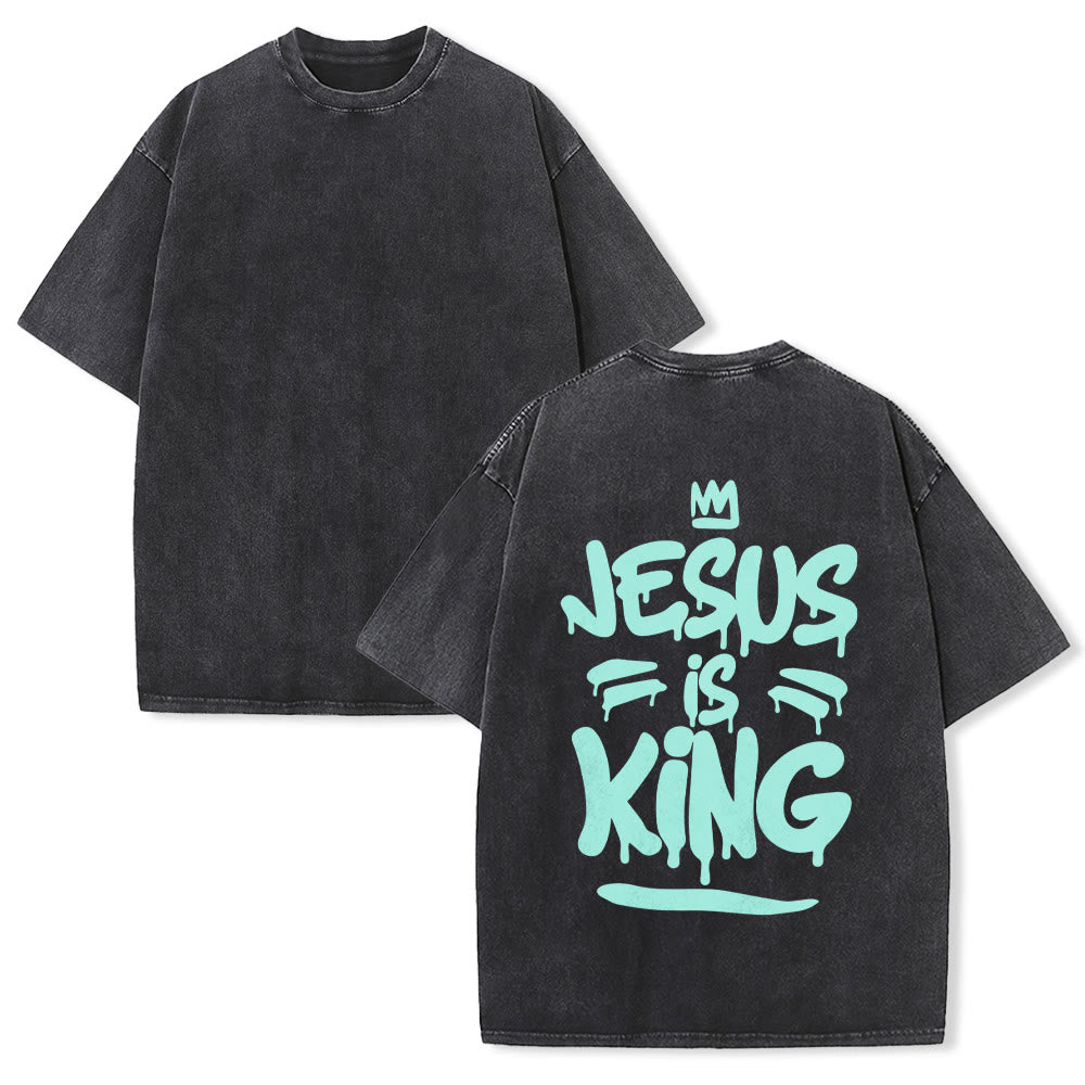 Christianartworkshop Jesus Is King Drip Graffiti Crown Back Print Vintage Washed Unisex T-Shirt