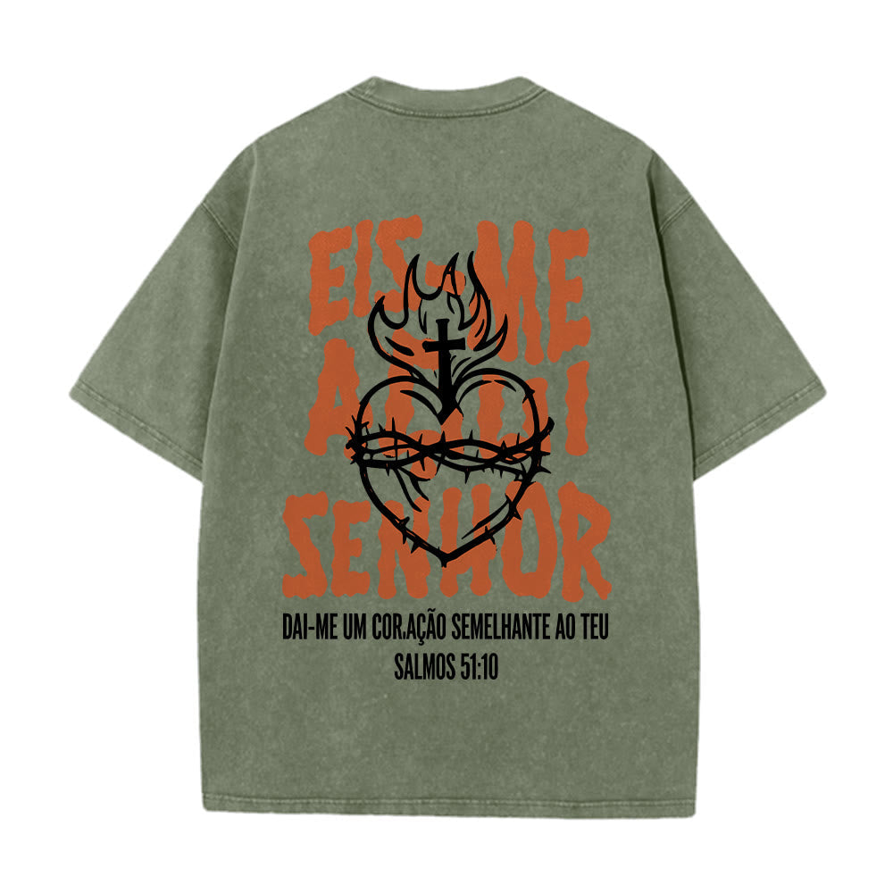 Christianartworkshop Portuguese Spiritual Phrase Thorn Sacred Heart Cross Flame Back Graphic Washed Unisex T-Shirt
